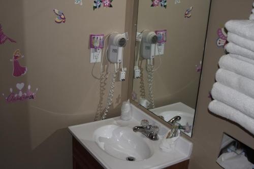 a bathroom with a sink and a mirror at Gladstone Inn and Suites in Jamestown