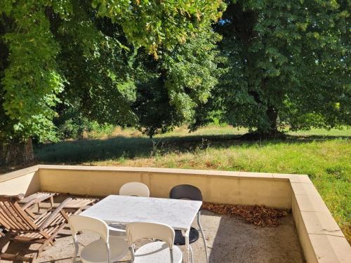 une table et des chaises dans un patio avec des arbres et de l'herbe dans l'établissement Le domaine de Nicole, à Dieulefit