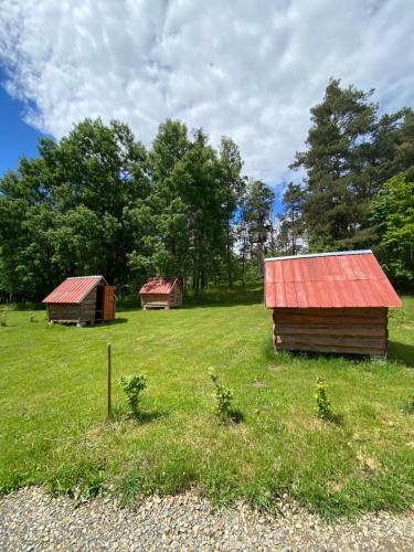 two barns in a field with trees in the background at Štaindlův kopec in Rapšach