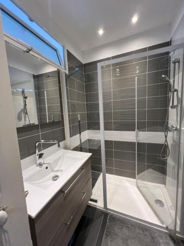 Studio cosy proche parcs, opéra, centre ville في فيشي: حمام مع دش ومغسلة وحوض استحمام