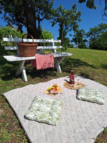 a picnic table with a picnic basket on it next to a park bench at Mi Kis Lakunk - szállás&dézsa a szőlőhegyen in Várdomb