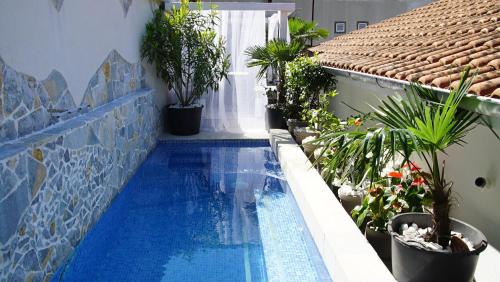 a pool on the side of a building with plants at PENTHOUSE STOLIV Villa located 5 meters from the sea SPA-Pool Exclusive Terrace,Private Jetty Sunbeds, Pebble Beach, Secluded location Total area 375m2 at your disposal in Kotor