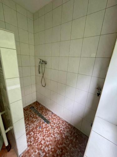a bathroom with a shower with a tile floor at Ferienhaus-Elisabeth Bungalow-Tom Bungalow-Peter in Reinhardtsdorf