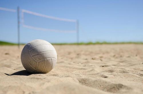 a volleyball ball sitting in the sand on a soccer field at Chalet au Boisé in Saint Come