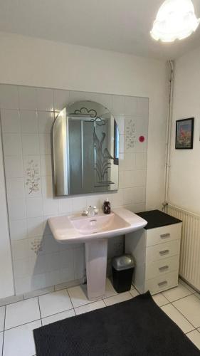 une salle de bain avec un lavabo et un miroir dans l'établissement Mon Petit Cabourg, à Cabourg