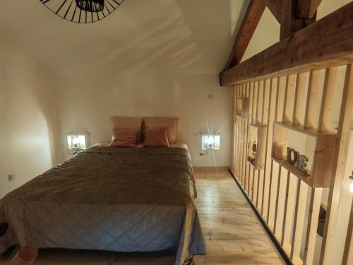 ein Schlafzimmer mit einem Bett in der Mitte eines Zimmers in der Unterkunft appartement cosy in Villefranche-sur-Saône