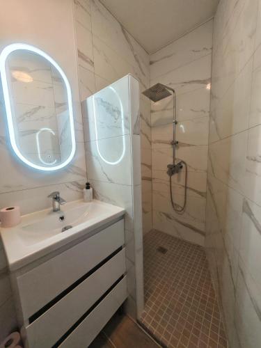 une salle de bain blanche avec un lavabo et une douche dans l'établissement appartement cosy, à Villefranche-sur-Saône