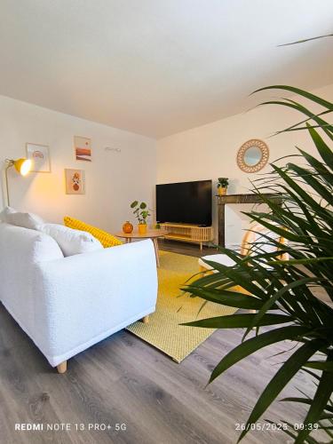 a living room with a white couch and a tv at Le Gîte des Capucines in Mauléon