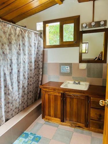 a bathroom with a sink and a shower curtain at Hda San Vicente Yellow House Trails & Lodge in Mindo