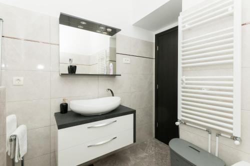 a bathroom with a sink and a toilet and a mirror at Villa Jolanda in Plano