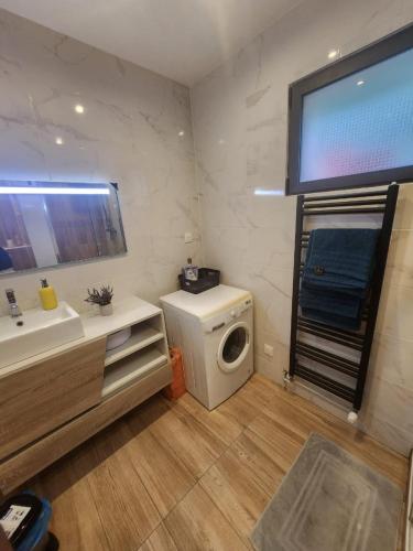 une salle de bain avec un lavabo et une machine à laver dans l'établissement Magnifique T2 dans une maison neuve d'architecte / Magnificent T2 in a new architect house, à Asnières-sur-Seine