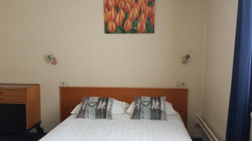 a bed with two pillows and a painting on the wall at Hotel De Wilde Kriek in Valkenburg