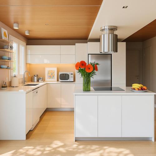 une cuisine avec des placards blancs et un vase de fleurs dans l'établissement Villa ACMÉ 200 m du lac d'Annecy avec Jacuzzi, à Rovagny