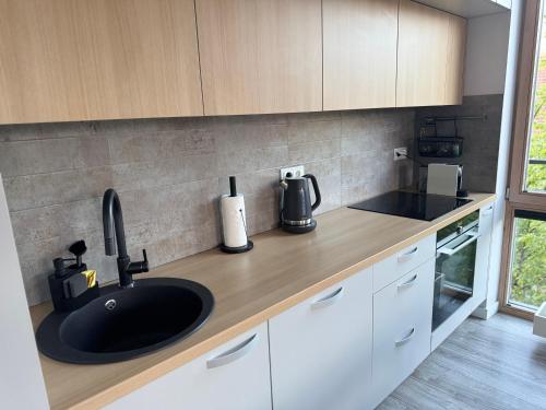 a kitchen with a sink and a counter top at MANTO NAMAI apartment in the center of Klaipeda with a view in Klaipėda