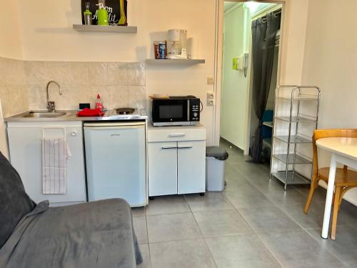 une petite cuisine avec un évier et un micro-ondes dans l'établissement Studio proche centre, gare et écoles, à Valence
