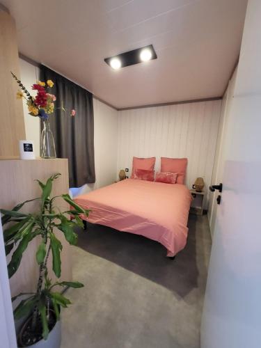 een slaapkamer met een roze bed met roze kussens bij Grand Cottage Cap d Agde in Agde