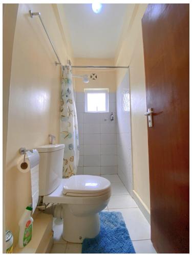 a bathroom with a toilet and a shower at Ntates Place Mombasa in Mombasa