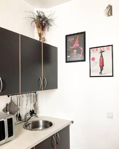 une cuisine avec un évier et quelques photos sur le mur dans l'établissement Au cœur de Cannes, à Cannes