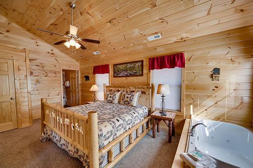 une chambre avec un lit et une baignoire dans une pièce dans l'établissement The Bear Crossing by Venture Smoky Mountains, à Pigeon Forge