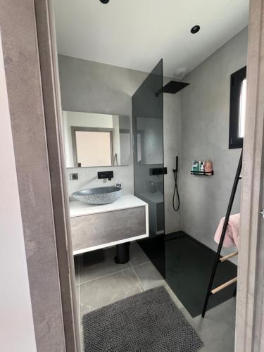 une salle de bain avec un lavabo et un miroir dans l'établissement Maison 2 chambres, à Figari