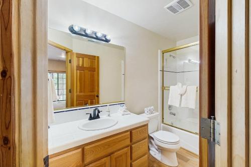 a bathroom with a sink and a toilet and a mirror at Chill on the Hill in Truckee