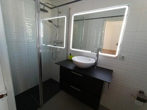 a bathroom with a sink and a shower with a mirror at Puerto Rico 6 in Empuriabrava