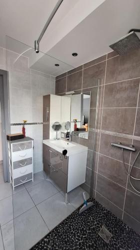 - une cuisine avec évier et comptoir dans la chambre dans l'établissement La Maison de Cathy, à Pérols