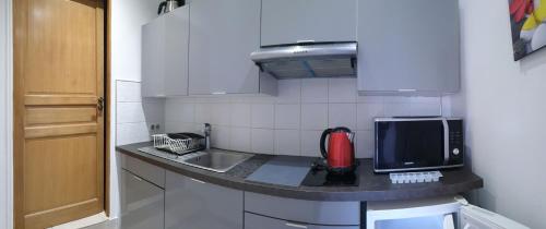 une petite cuisine avec un évier et un micro-ondes dans l'établissement Très grand studio meublé - Juan les Pins - Logt4, à Antibes