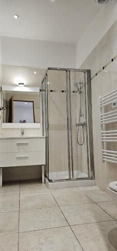 une salle de bain avec une douche, un lavabo et des toilettes dans l'établissement Très grand studio meublé - Juan les Pins - Logt4, à Antibes