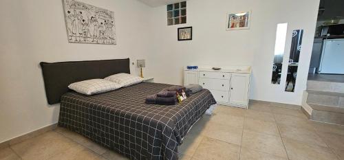 une chambre avec un lit avec deux oreillers dessus dans l'établissement Très grand studio meublé - Juan les Pins - Logt4, à Antibes