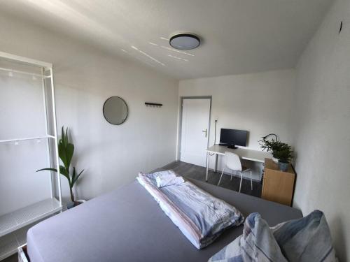 インスブルックにあるCosy Room in Modern Flatのベッドとパソコン付きの机がある寝室