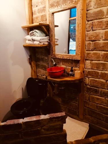 a bathroom with a sink and a mirror at Cabaña en la Calera Cerezos in La Calera