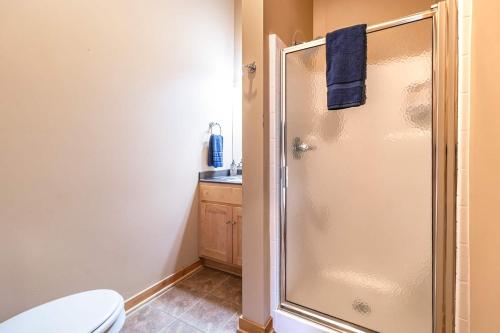 a bathroom with a shower with a toilet and a sink at Incredible Views w Garage on Lake and bike trail in Tofte