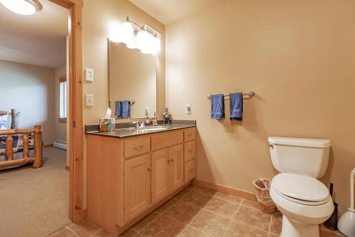 a bathroom with a toilet and a sink and a mirror at Incredible Views w Garage on Lake and bike trail in Tofte