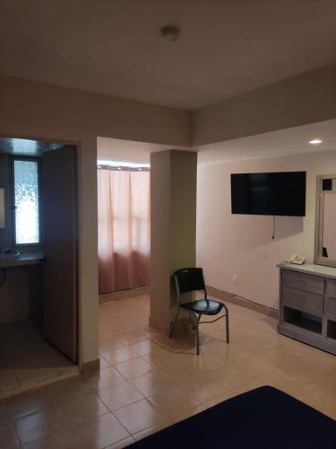 a living room with a chair and a television at Hotel del Paseo in Torreón