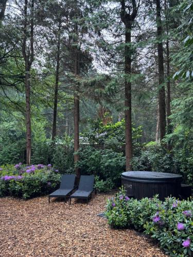 two chairs and a trash can in a park with flowers at Heeren van Norg in Norg