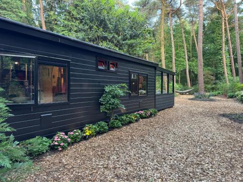 a black tiny house in the woods with flowers at Heeren van Norg in Norg