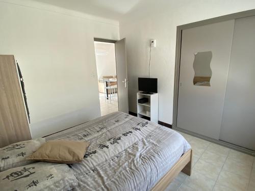 - une chambre avec un lit et une chambre avec une télévision dans l'établissement F3 patio bien situé, à Canet