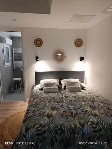 une chambre avec un lit et un miroir au mur dans l'établissement Jolie petite maison à Paris, à Villejuif