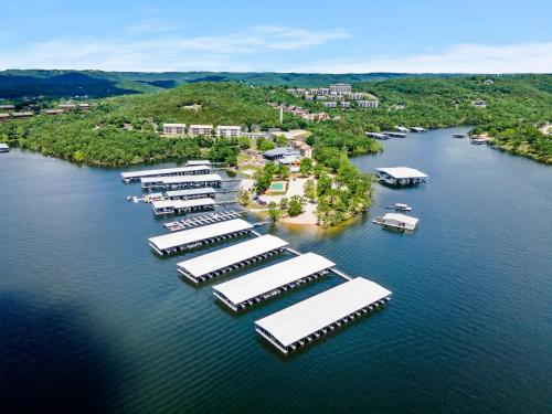an aerial view of a marina withocked boats in the water at Rock Lane Resort & Marina in Branson