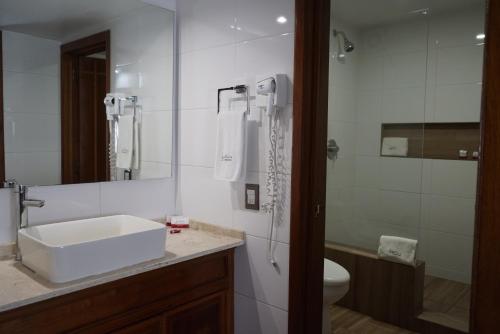 a bathroom with a sink and a toilet and a mirror at Hotel Santiago De Compostela - Guadalajara Centro Historico in Guadalajara