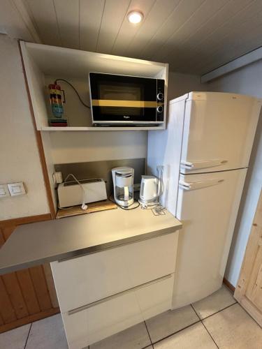 une petite cuisine avec un micro-ondes et un réfrigérateur dans l'établissement Appartement 3 chambres, à Huez