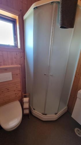 a bathroom with a shower with a toilet and a sink at Hekla Cabin 2 Volcano and Glacier View in Hella