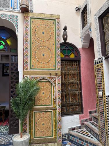 a door on a building with a plant next to it at Le panoramique de Fes in Fès