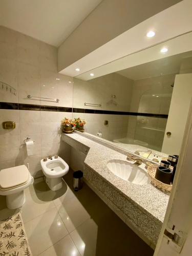 a bathroom with a sink and a toilet and a mirror at Estudio Lino in Córdoba