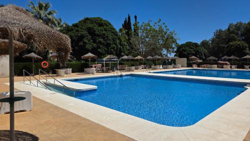 una gran piscina con sillas y sombrillas en Estudio en Benalmádena, en Benalmádena