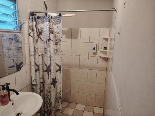 a bathroom with a shower curtain and a sink at The Yellow House apartamentos independientes con cocina in Bajo Boquete