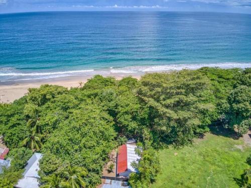 an overhead view of a beach with trees and the ocean at Oceanfront House with AC, Fast WiFi at Cocles Beachbreak in Puerto Viejo