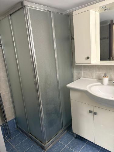 a bathroom with a shower and a sink at SMYRNA HOMES KALYOPi in Chios