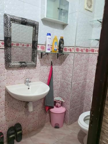 a bathroom with a sink and a toilet and a mirror at شقة جميلة و هادئة in Agadir